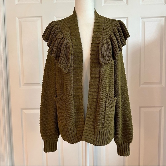 Madewell Olive Green Ruffle Chunky Knit Cardigan Sweater - Picture 1 of 6
